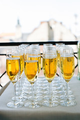 Champagne glasses on tray for party or celebration