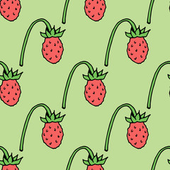 Wild strawberry on green background. Seamless background. Endless pattern. Vector image. Healthy food and diet.