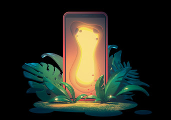Magic gate with a glowing yellow light. Concept art smartphone with portal screen to another world. Sinuous forms. 3d illustration mobile phone in the bushes in the jungle isolated on black background