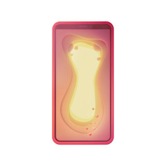Magic gate with a glowing yellow light with bubbles. Concept art smartphone with portal screen to another world. Sinuous forms. 3d illustration mobile phone with red case isolated on white background.