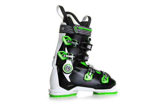 Profesional Green Ski Boots Isolated On White Background