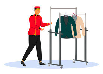 Porter in red uniform flat color vector illustration. Bellman carrying cart with clothes. Hotel staff with equipment, service worker. Bellhop isolated cartoon character on white background