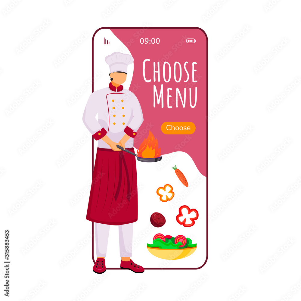 Poster choose menu cartoon smartphone vector app screen. mobile phone display with chef flat character desi