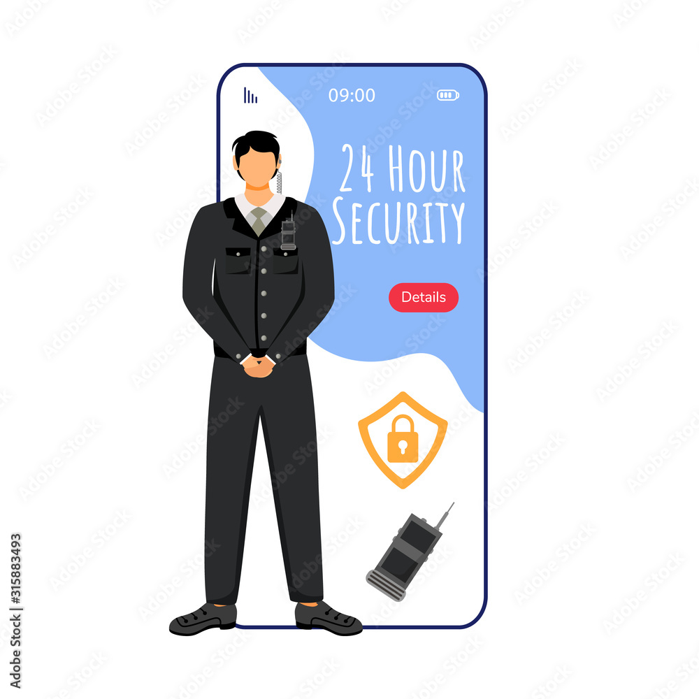 Poster security cartoon smartphone vector app screen. mobile phone display with bouncer guard flat characte