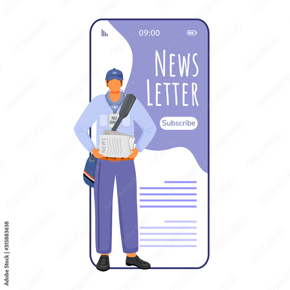 Poster newsletter cartoon smartphone vector app screen. reading newspapers online. receiving notifications.