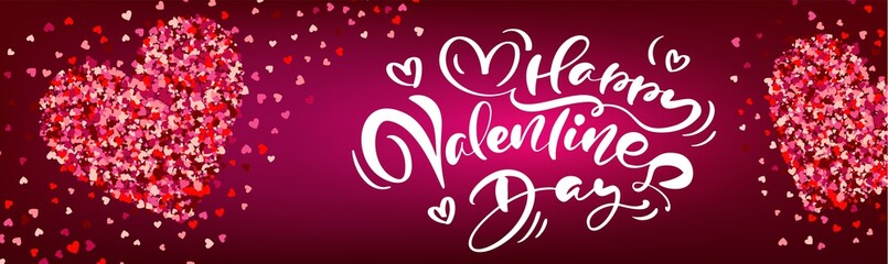 Obraz premium Happy Valentines Day hand drawn calligraphic text in banner with hearts. For holiday greeting card, poster, banner, logo, sales, promo. Day of love and heart