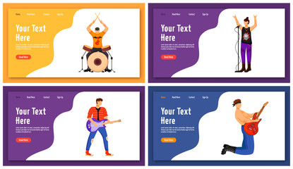 Rock musicians landing page vector template. Music band members website interface idea with flat illustrations. People playing musical instruments homepage layout. Web banner, webpage cartoon concept