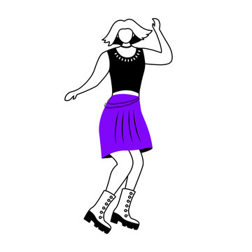 Dancing punk girl flat contour vector illustration. Female character on dance floor in nightclub. Woman at rock concert. Fangirl at gig. Isolated cartoon outline character on white. Simple drawing