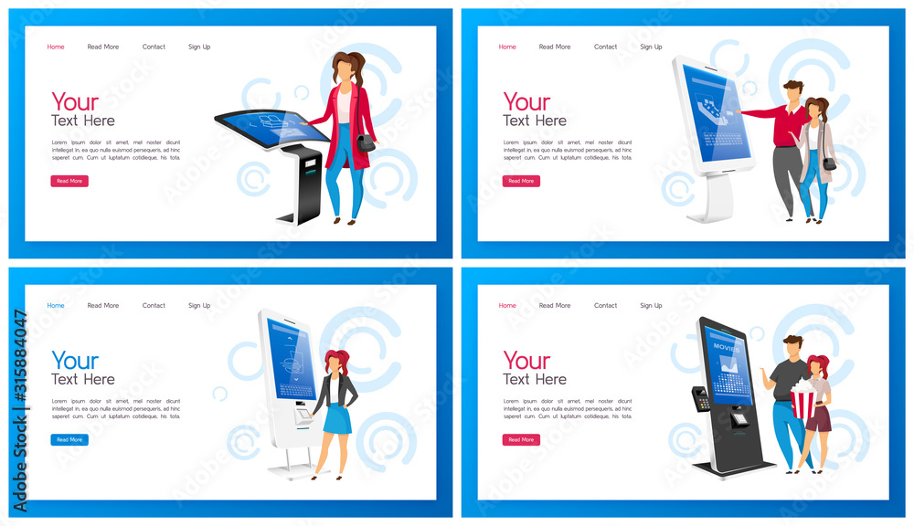 Poster interactive self order kiosk landing page vector template set. modern electronic display website int