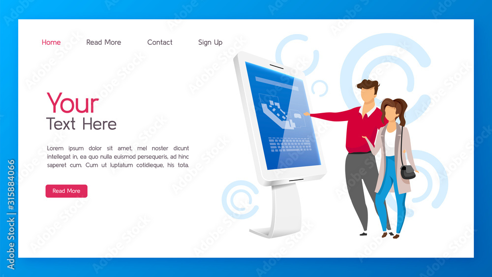 Poster information kiosk landing page vector template. interactive display website interface idea with flat