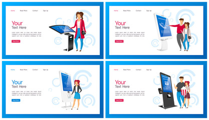 Interactive self order kiosk landing page vector template set. Modern electronic display website interface idea with flat illustrations. Commercial internet panel with touchscreen homepage layout