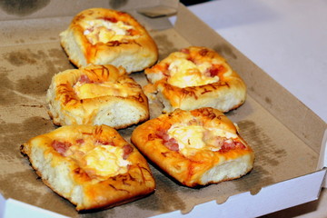  Mini pizza. A party. Bakery products. Handmade. Snack. Fast food. Tasty food.