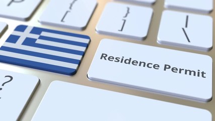 Residence Permit text and flag of Greece on the buttons on the computer keyboard. Immigration related conceptual 3D animation - Powered by Adobe