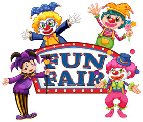 Fun fair sign template with four happy clowns