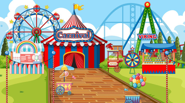 Scene with ferris wheel and other rides in the carnival