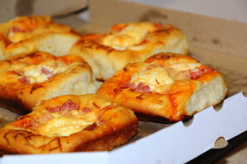  Mini pizza. A party. Bakery products. Handmade. Snack. Fast food. Tasty food.