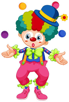 Happy clown juggling balls on white background