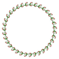 Round frame with wild strawberries and leaves. Isolated wreath on white background. Vector image. Sweet food.