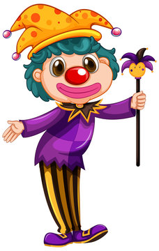 Funny clown wearing purple shirt holding magic wand