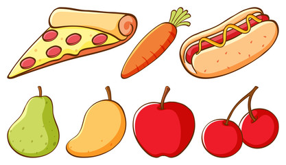 Set of fast food and different types of fruits on white background