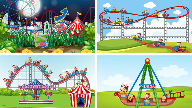 Four scenes with many rides in the fun fair