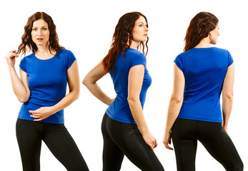 Beautiful redhead posing with blank blue shirt