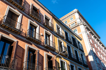 Old apartment buildings balconies in the Centro district of Madrid