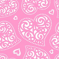 Seamless pattern with hearts. White and pink colors. Romantic background for Valentines Day's or wedding cards. Repeating texture for wallpaper design, textile, wrapping paper. Vector illustration. 