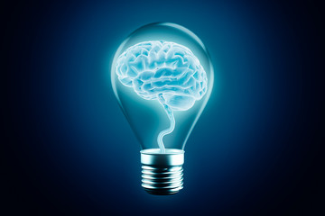 Glowing human brain cortex in a lightbulb on a blue background. 3d rendering illustration. Idea, intelligence or intellect, cognition, imagination, learning, think, knowledge, studies concept.
