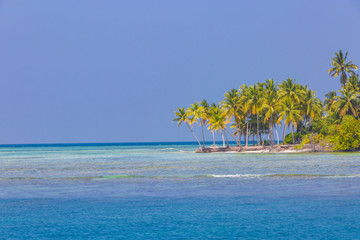 Fantastic tropical beach landscape, exotic scenery. Beautiful blue sea tropical Maldives romantic atoll island paradise luxury resort close to coral reef.