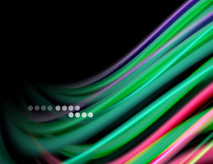Silk smooth lines on black, liquid fluid color waves. Vector Illustration