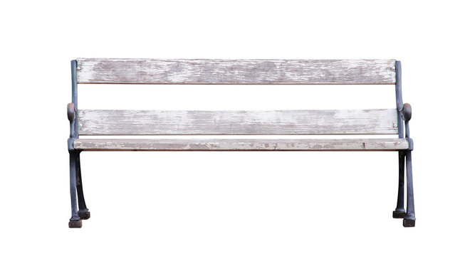 Old blank wooden bench single isolated on white background and clipping path