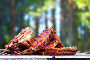 Grilled pork knuckle and smoked ribs. Smoked meat in nature, outdoor