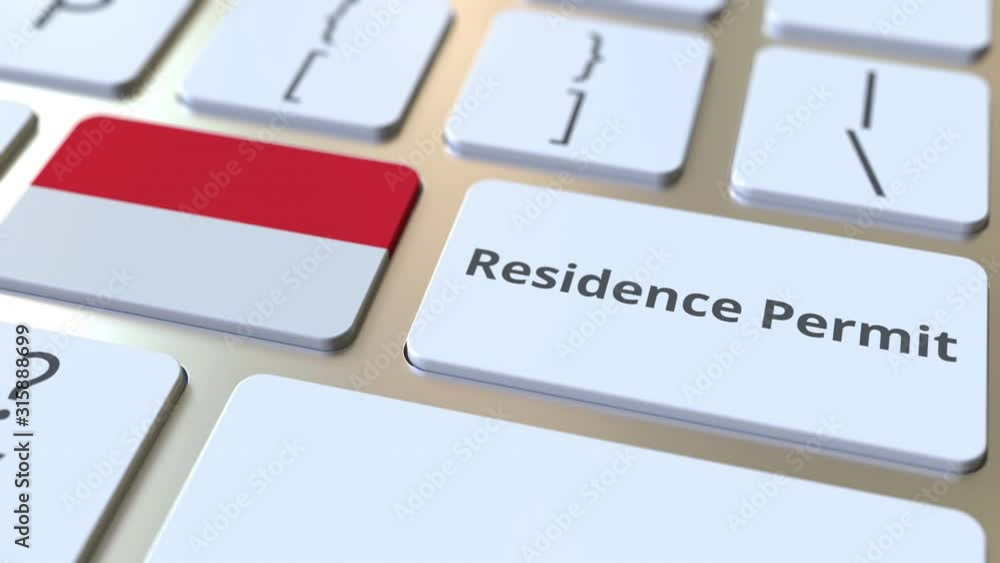 Poster residence permit text and flag of indonesia on the buttons on the computer keyboard. immigration rel