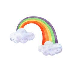 Color rainbow with clouds isolated on white background. Childish hand drawn clipart. Summer illustration. Happy Saint Patrick's Day symbol. Watercolor hand drawn illustration.