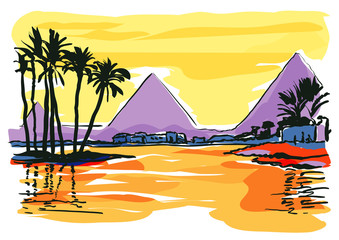 paysage egypte,nil, pryramides dessin couleur aplat - 315889216