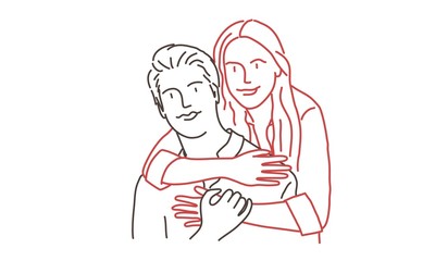 Happy couple. Colour line drawing vector illustration.