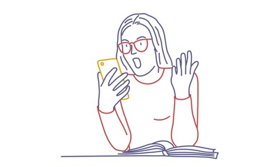 Surprised girl with glasses and mobile phone. Colour line drawing vector illustration.