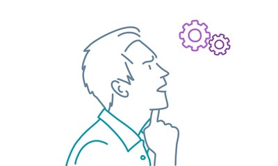 Thoughtful man holding hand on chin. Profile. Colour line drawing vector illustration.