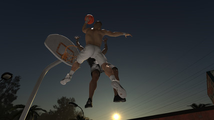 Streetball game scene with two basketball players dunking and defending 3d render © bekirevren