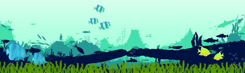 fish and algae on the background of reefs. Underwater ocean scene. Deep blue water, coral reef and underwater plants. a beautiful underwater scene; a vector seascape with reef. - Powered by Adobe