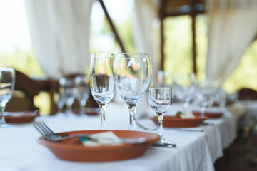 glasses on table at rustic restaurant