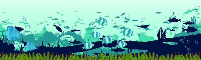 fish and algae on the background of reefs. Underwater ocean scene. Deep blue water, coral reef and underwater plants. a beautiful underwater scene; a vector seascape with reef.