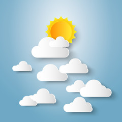 Blue sky with clouds and sun , paper art style , 3D illustration .