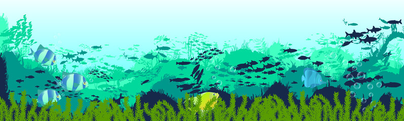 Fototapeta na wymiar fish and algae on the background of reefs. Underwater ocean scene. Deep blue water, coral reef and underwater plants. a beautiful underwater scene; a vector seascape with reef.