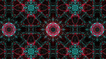 abstract kaleidoscope pattern. red-turquoise shapes background. 3d render illustration.