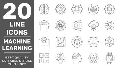 Set of AI, IoT and Data Analysis Related Technology Vector Line Icons. Contains such Icons as Charts, Cyborg, Traffic Analysis, Big Data and more. Editable Stroke. EPS 10