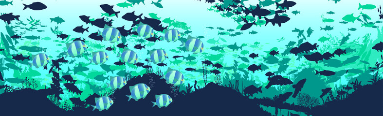 fish and algae on the background of reefs. Underwater ocean scene. Deep blue water, coral reef and underwater plants. a beautiful underwater scene; a vector seascape with reef.