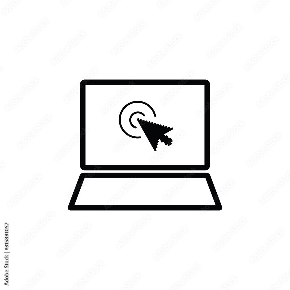 Poster click icon. laptop computer, notebook and cursor click icon. line style