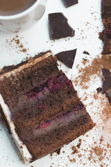 sweet chocolate cake piece on white background